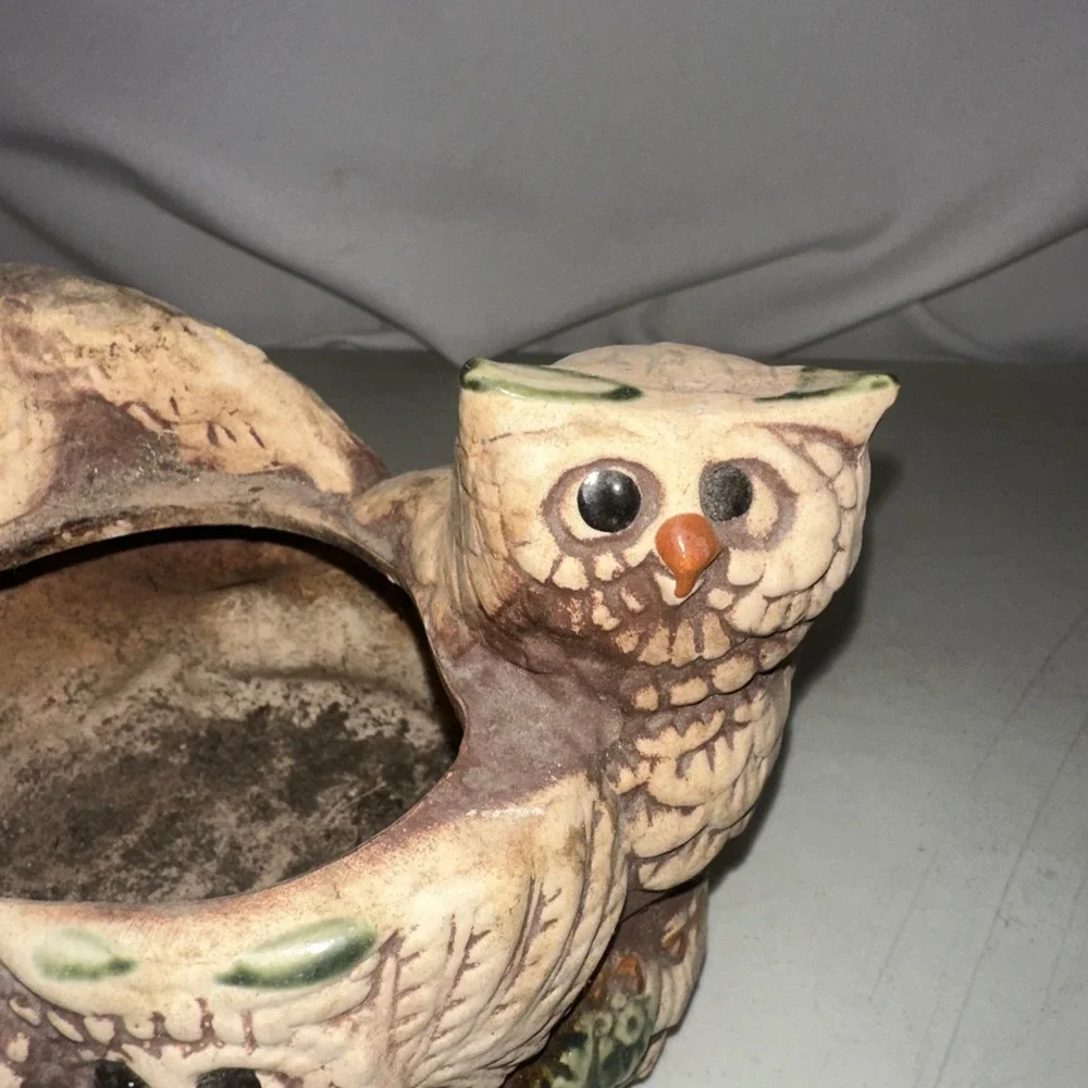 Vintage 70s Ceramic Owl Family Planter Mat Bisque Boho Decor